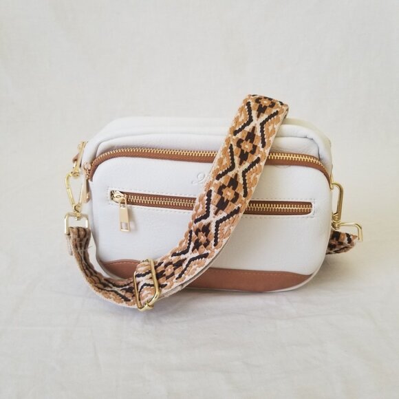NWOT! White and Brown Faux Leather Purse Shoulder Crossbody Bag w/Detach Strap - Picture 1 of 7